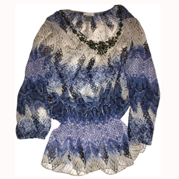 Caché Jeweled Blue Peplum Blouse, Medium - Picture 4 of 11